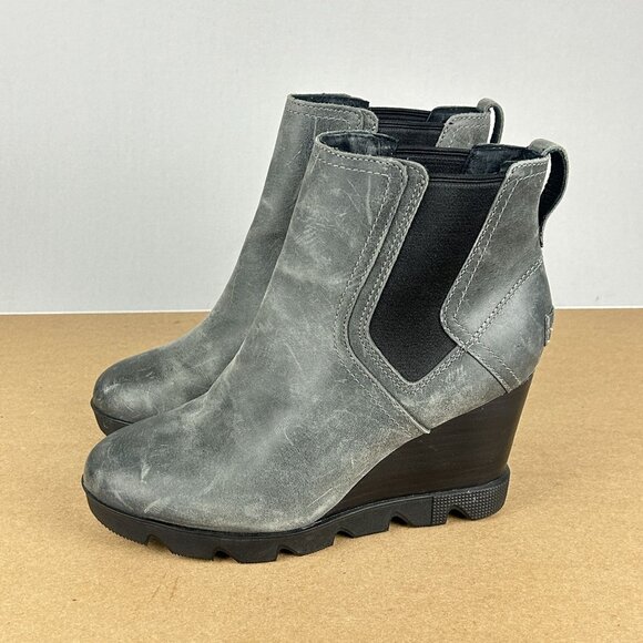 Sorel Joan Uptown Chelsea Wedge Boots Womens 7 Gray Leather Double Gore - Picture 1 of 11